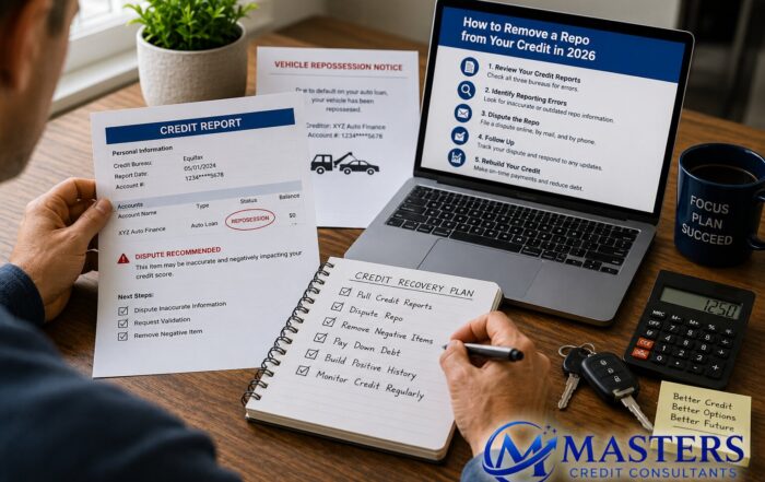 Consumer reviewing a credit report with a repossession account while creating a credit recovery plan to improve credit score and financing approval opportunities in 2026.