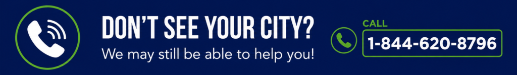 Website banner encouraging visitors to contact Masters Credit Consultants if their city is not listed, featuring a phone icon, nationwide credit repair message, and the toll-free number 1-844-620-8796 on a clean white and blue design.