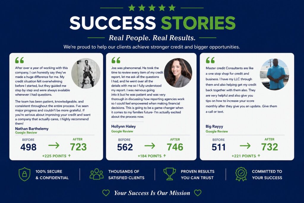 Client success stories banner featuring real Google reviews from Masters Credit Consultants clients, highlighting positive credit improvement experiences, personalized support, and successful financial outcomes.