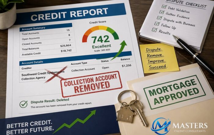 Southwest Credit Systems collection account removed from a credit report with an improved credit score, mortgage approval documents, and financial recovery indicators in 2026