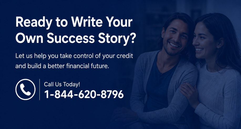 Call-to-action banner encouraging visitors to start their own credit success story, featuring a smiling couple, a prominent phone number, and messaging focused on credit improvement, financial freedom, and client success.