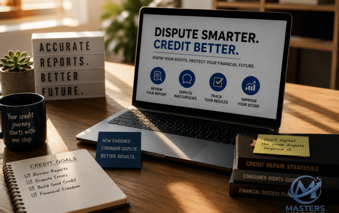 Professional home office workspace showing a laptop with a credit dispute strategy, credit goals notebook, and financial planning materials for disputing the same account twice on a credit report in 2026.