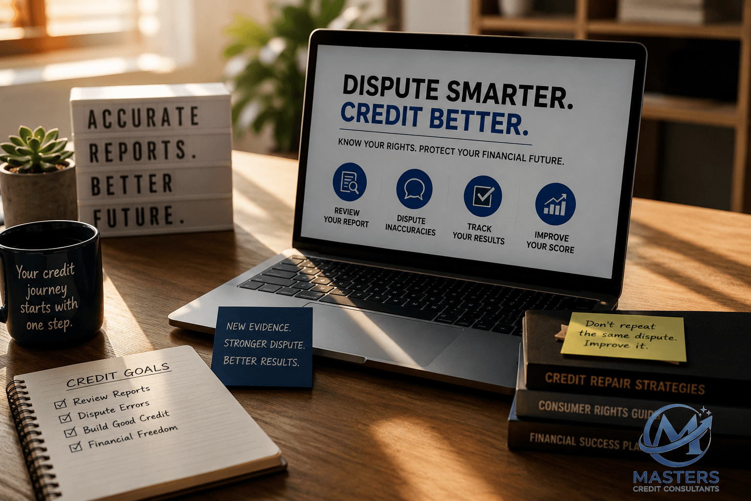 Professional home office workspace showing a laptop with a credit dispute strategy, credit goals notebook, and financial planning materials for disputing the same account twice on a credit report in 2026.