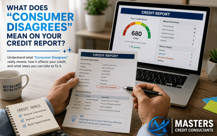 Consumer reviewing a credit report showing a "Consumer Disagrees" remark while analyzing a credit dispute with Masters Credit Consultants to improve credit score and financial health.