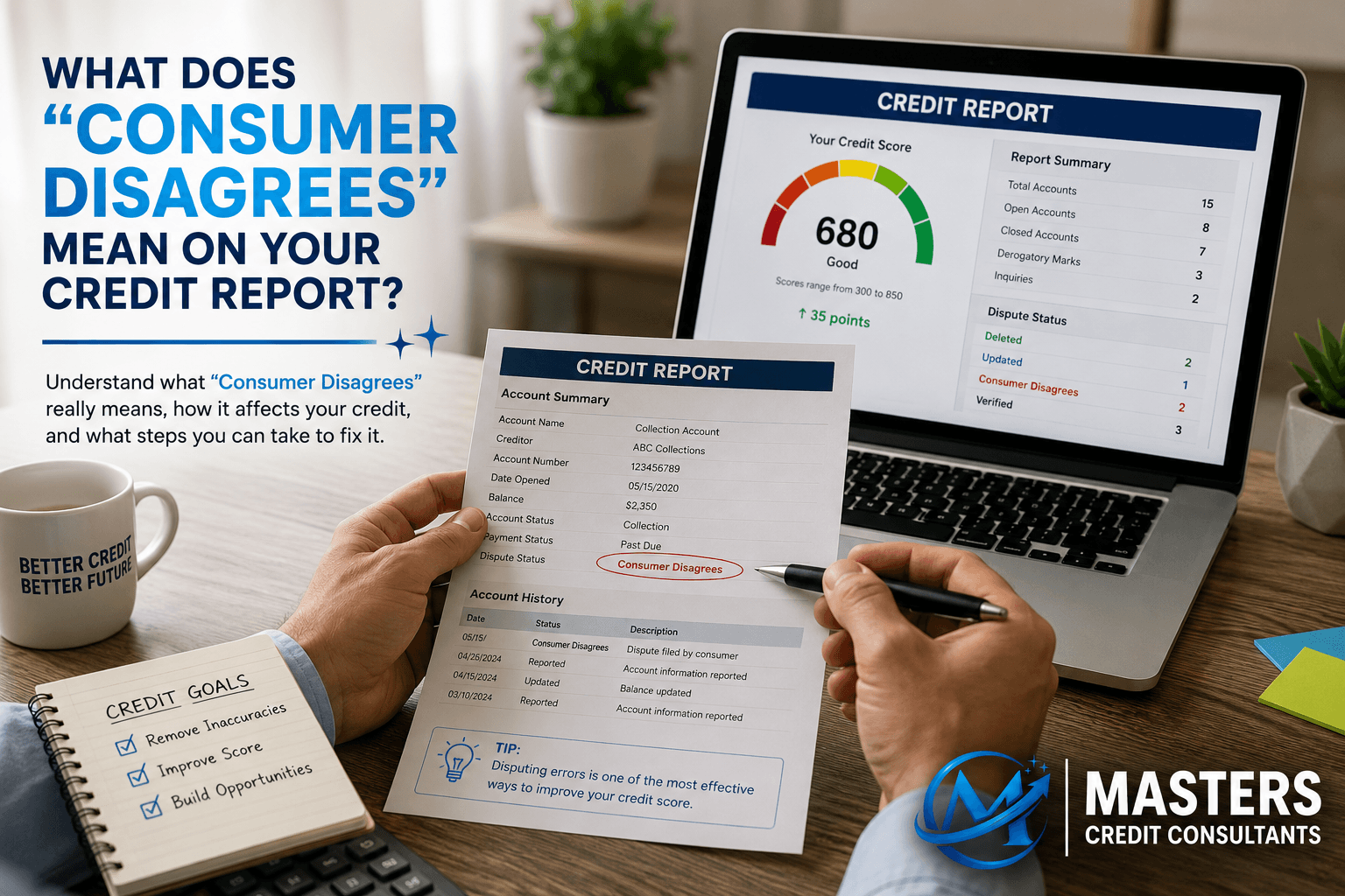 Consumer reviewing a credit report showing a "Consumer Disagrees" remark while analyzing a credit dispute with Masters Credit Consultants to improve credit score and financial health.