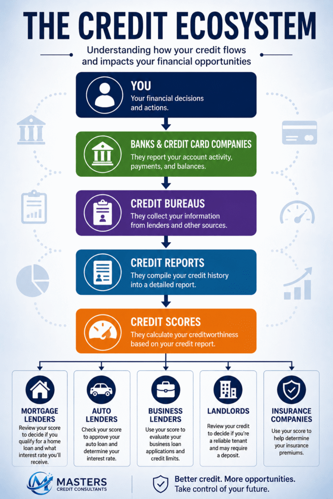 The Credit Ecosystem infographic illustrating how financial decisions are reported by banks and credit card companies to credit bureaus, compiled into credit reports, converted into credit scores, and used by mortgage lenders, auto lenders, business lenders, landlords, and insurance companies to evaluate creditworthiness.