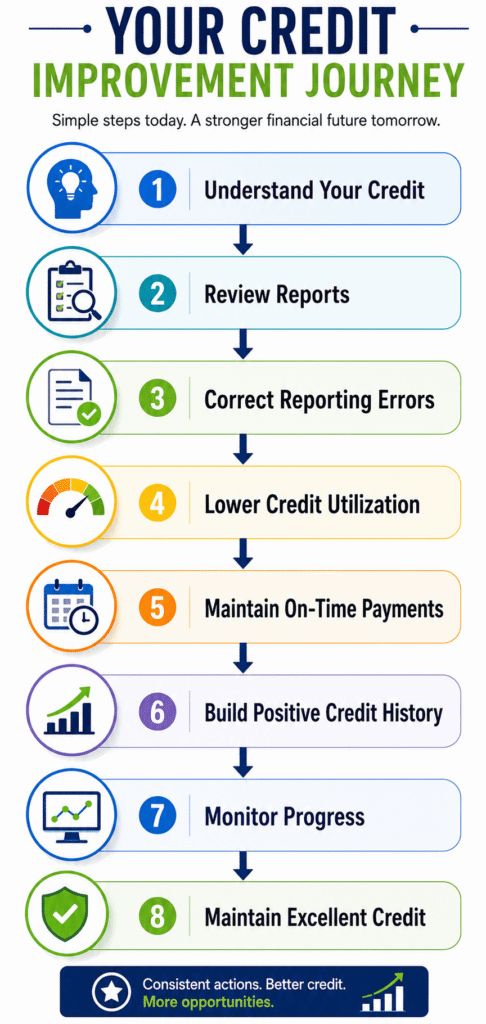 Your Credit Improvement Journey infographic showing an eight-step roadmap to improve your credit score: understand your credit, review credit reports, correct reporting errors, lower credit utilization, make on-time payments, build positive credit history, monitor progress, and maintain excellent credit.