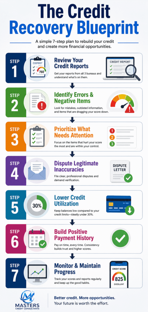 The Credit Recovery Blueprint infographic outlining a seven-step credit repair process: review credit reports, identify errors, prioritize negative items, dispute inaccuracies, lower credit utilization, build positive payment history, and monitor credit progress to improve credit scores and financial opportunities.