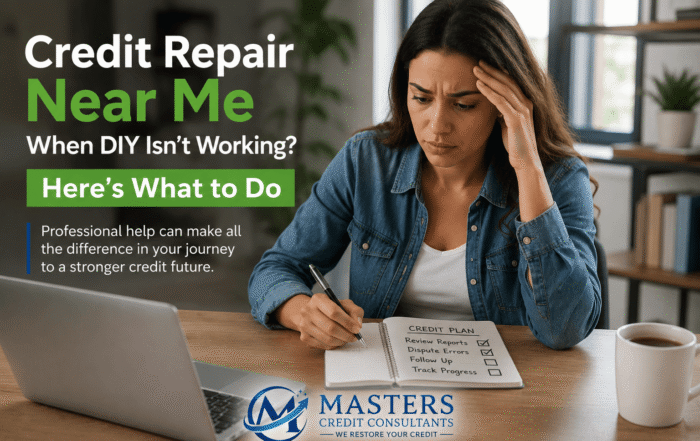 A woman reviewing her financial plan on a laptop while seeking professional credit repair assistance after DIY credit repair efforts were unsuccessful. Masters Credit Consultants logo displayed for branding.