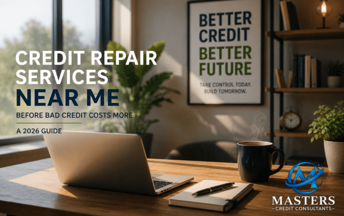 Modern office workspace with a laptop, notebook, and coffee beside a motivational credit improvement display, representing professional credit repair services and smarter financial planning before applying for financing.