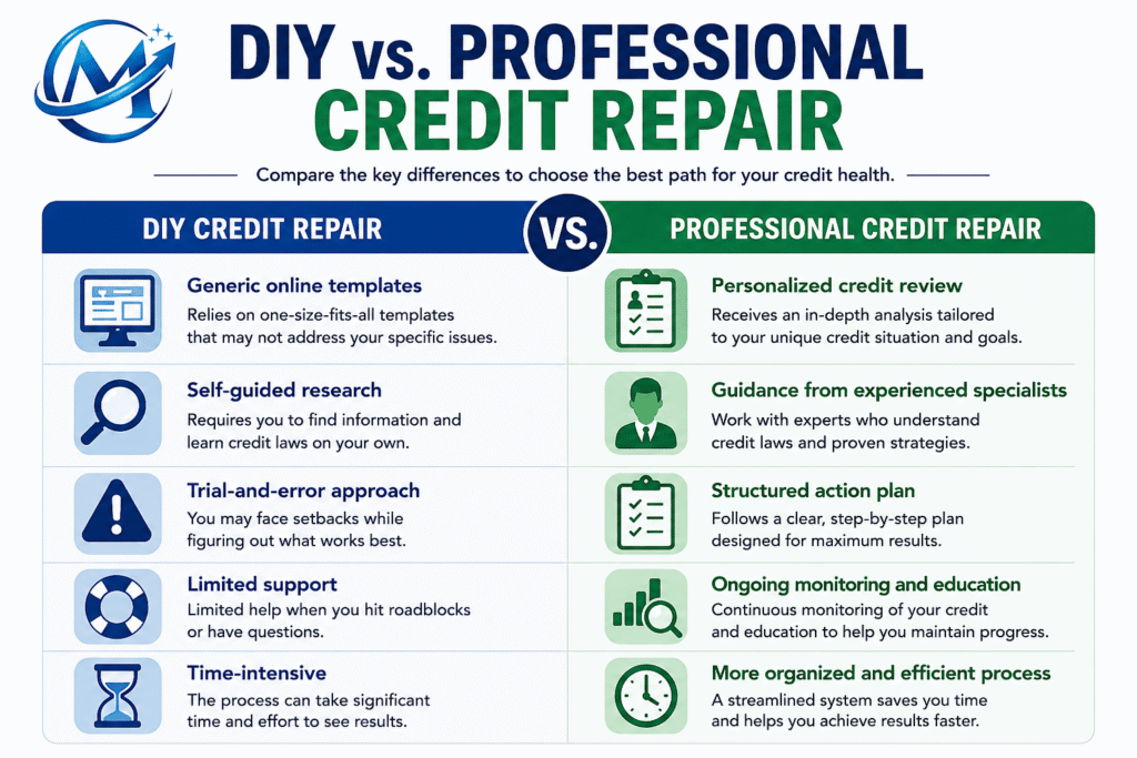 DIY vs. Professional Credit Repair infographic comparing generic templates, self-guided research, trial-and-error, limited support, and time-intensive methods with personalized credit reviews, expert guidance, structured action plans, ongoing monitoring, and efficient credit repair services.