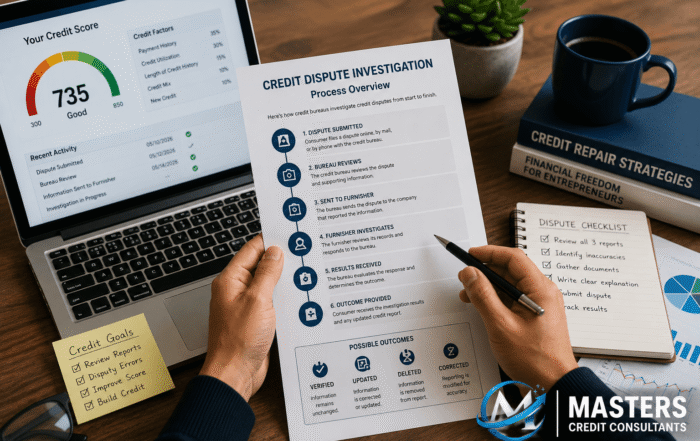 Professional reviewing a credit dispute investigation report alongside a credit score dashboard, illustrating how credit bureaus investigate credit disputes and verify consumer credit information.