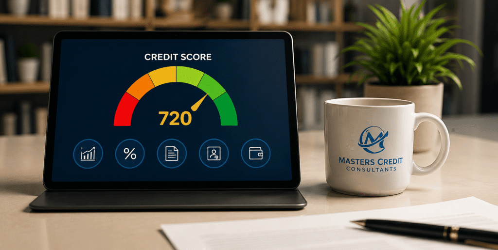 Professional credit score dashboard displayed on a tablet showing a 720 credit score beside a Masters Credit Consultants branded coffee mug in a modern office workspace.
