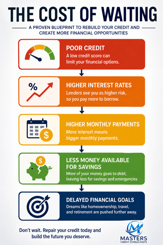 The Cost of Waiting infographic showing how poor credit leads to higher interest rates, larger monthly payments, reduced savings, and delayed financial goals, with a call to repair your credit from Masters Credit Consultants.