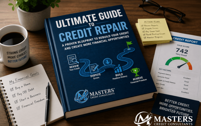 Ultimate Guide to Credit Repair book surrounded by a credit report, financial planning notebook, action plan checklist, and goal-setting tools, illustrating a proven roadmap to rebuild credit, improve financial health, and create more financial opportunities.