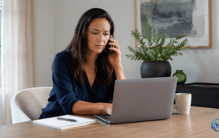 Woman speaking on the phone beside a laptop while seeking help after credit denials.