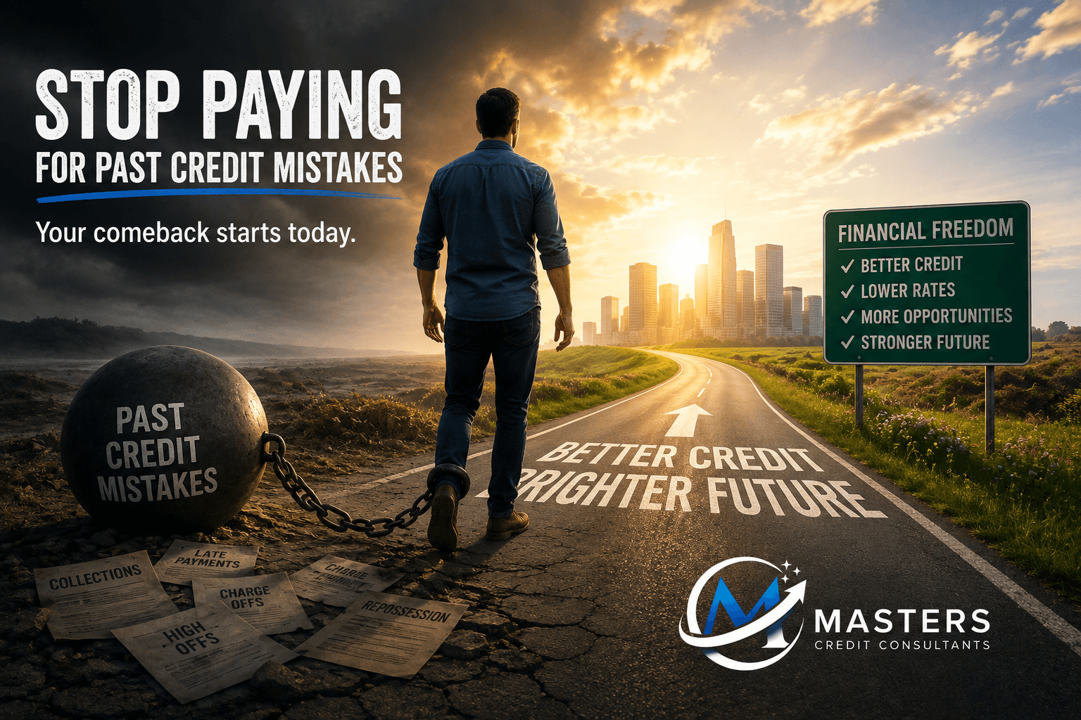 Person leaving past credit mistakes behind on the road toward better credit and financial opportunities