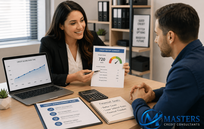 Credit repair specialist reviewing a client's credit report and credit score improvement plan during a one-on-one financial consultation at Masters Credit Consultants.