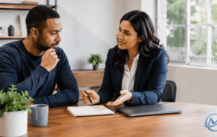 Financial consultant discussing next steps with a consumer after a credit card or loan denial