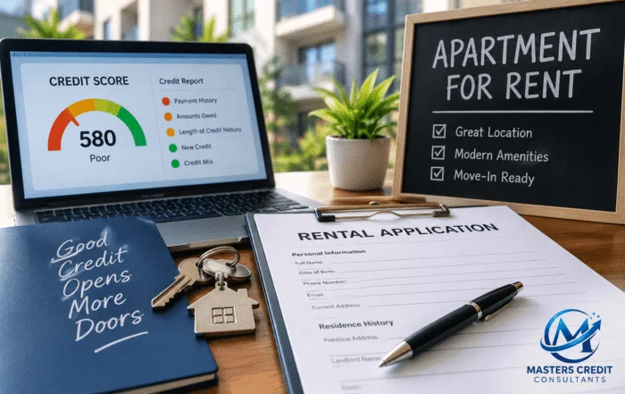 Bad credit apartment rental application with credit score check and apartment keys