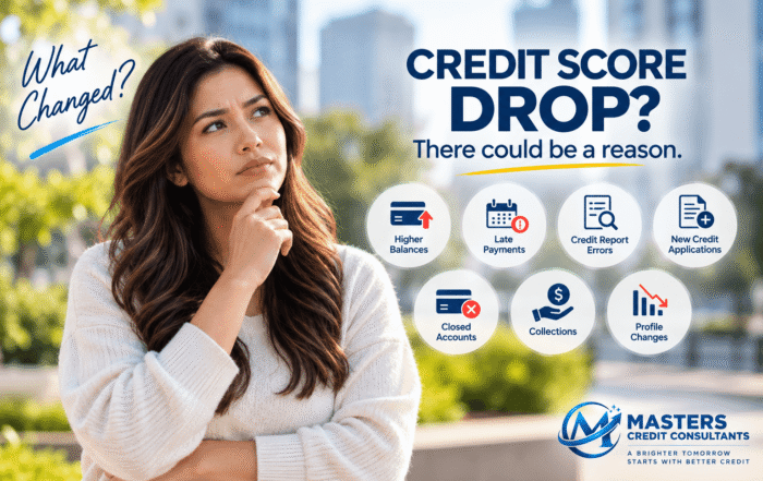 Woman considering common reasons for a credit score drop, including higher balances, late payments, credit report errors, new credit applications, collections, and account changes.