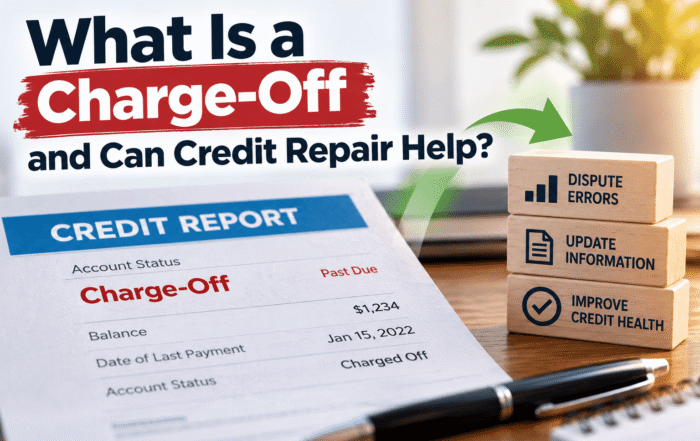 Credit report showing a charge-off account status with steps to dispute errors, update inaccurate information, and improve credit health through credit repair.