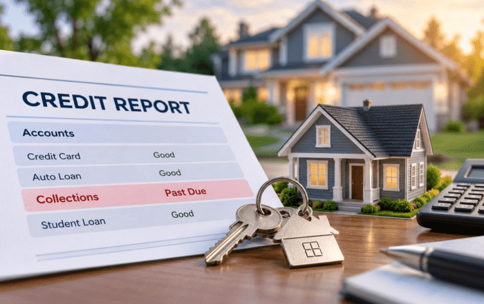 House keys and model home beside a credit report showing a collection account, illustrating buying a house with collections on your credit report. Copy