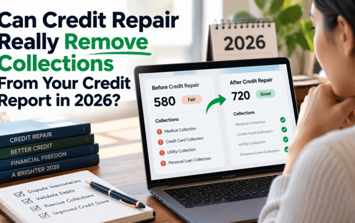 Woman reviewing a before-and-after credit repair comparison showing collection accounts and credit scores in 2026.
