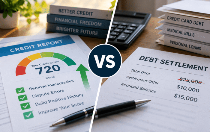Credit repair vs. debt settlement comparison showing a credit report, credit score improvement, and debt settlement paperwork explaining the differences between the two financial services.