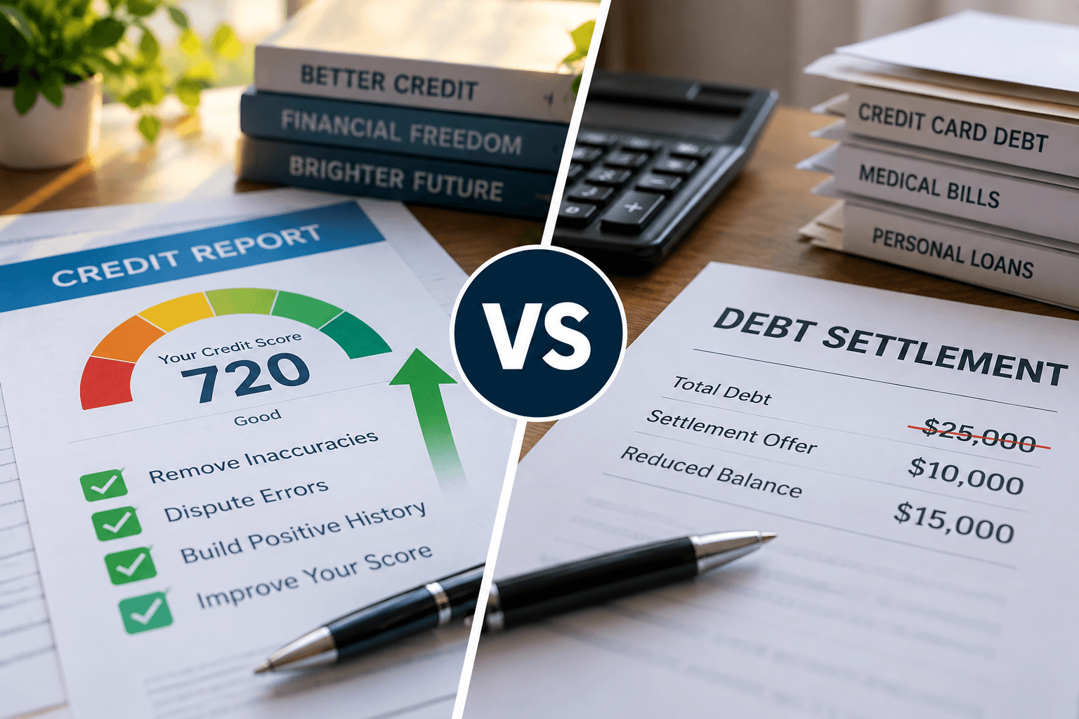 Credit repair vs. debt settlement comparison showing a credit report, credit score improvement, and debt settlement paperwork explaining the differences between the two financial services.