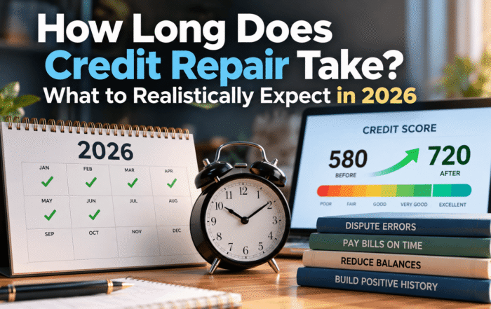 2026 calendar, clock, and credit score illustration showing the time and steps involved in credit repair.
