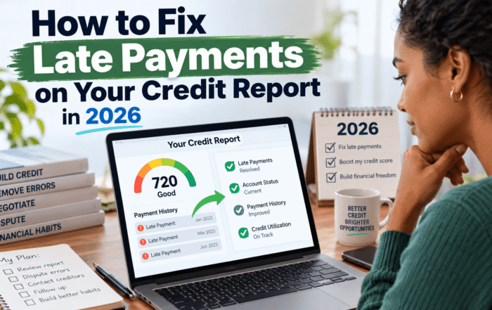 Woman reviewing late payments on her credit report and exploring ways to correct credit reporting errors and improve payment history in 2026.