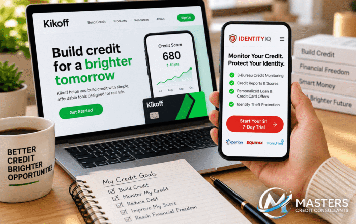 Kikoff credit-building tools and IdentityIQ credit monitoring displayed on a laptop and smartphone to support credit goals in 2026.