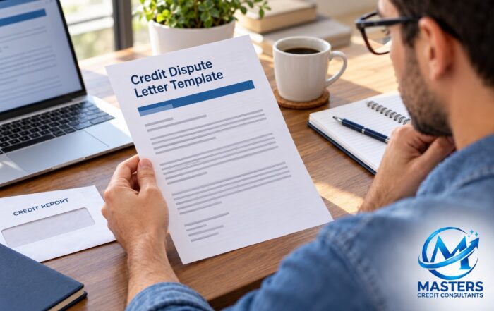 Man reviewing an online credit dispute letter template while checking his credit report.